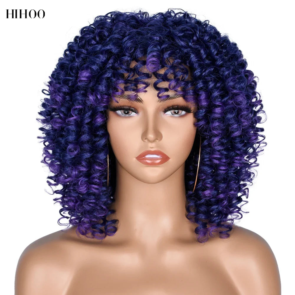 Luxury short curly afro wig with bangs for black women, featuring fluffy kinky curls in a synthetic fibre material.