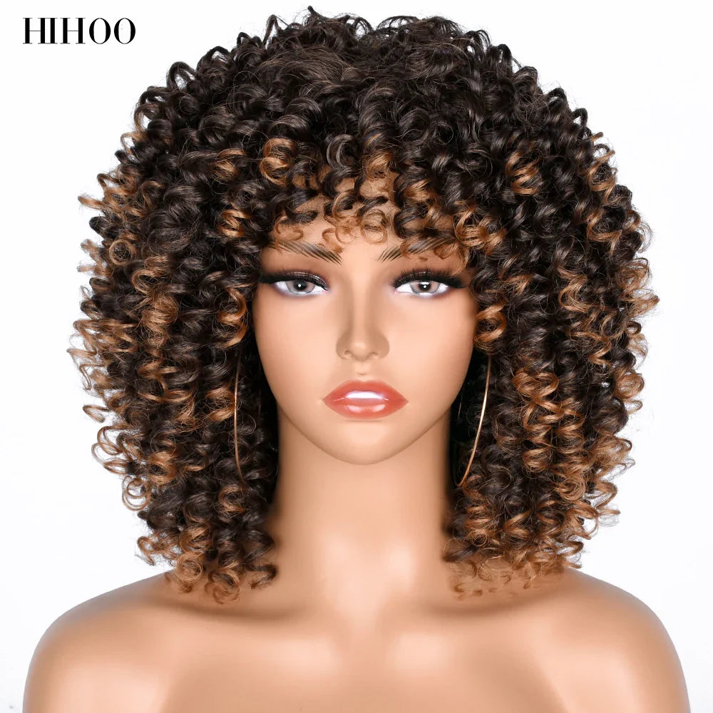 Elegant Luxury Short Curly Afro Wig with Bangs ideal for Black Women, showcasing vibrant kinky curls and crafted from high-temperature synthetic hair for daily elegance.