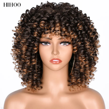 Elegant Luxury Short Curly Afro Wig with Bangs ideal for Black Women, showcasing vibrant kinky curls and crafted from high-temperature synthetic hair for daily elegance.