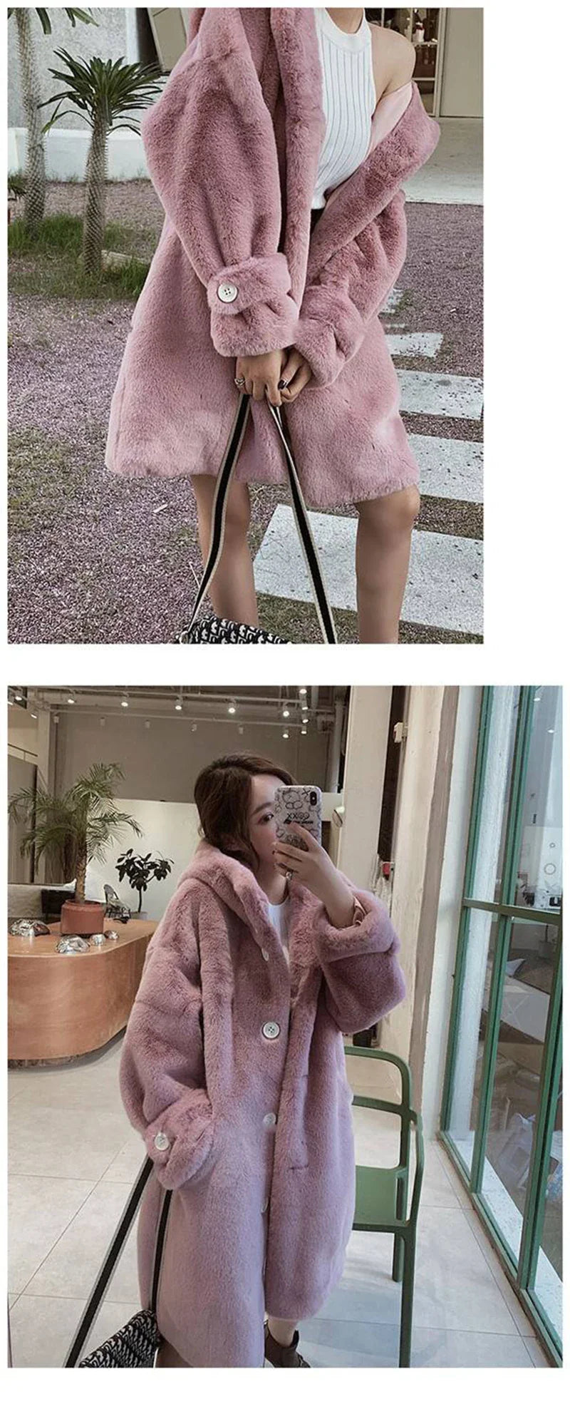 Thick plush jacket for women made from faux rabbit fur, highlighting its beautifully crafted pockets and modern design suitable for winter wear.