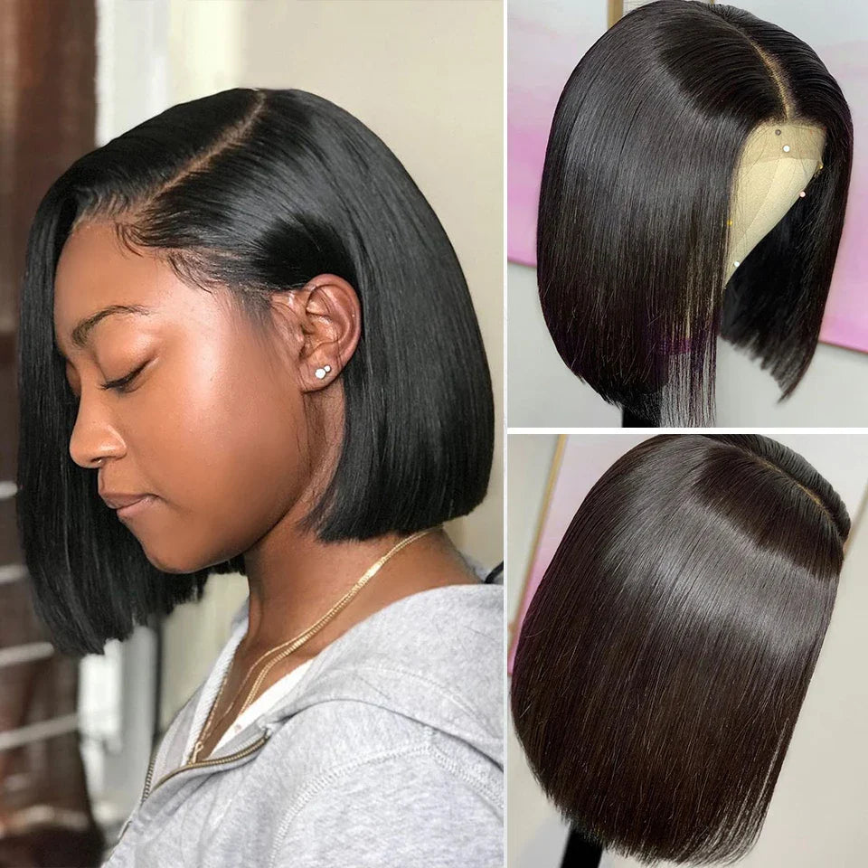 Elegant Short Brazilian Lace Front Wig, 13x4 Remy Human Hair Bob Straight style with Swiss Lace, ensuring a luxurious and natural look.