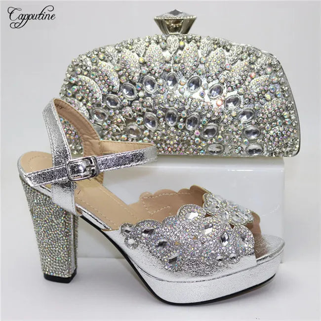 Stylish close-up of luxurious gold high heel sandals accentuated with a chic peep toe design and buckle strap closure, embodying glamour.