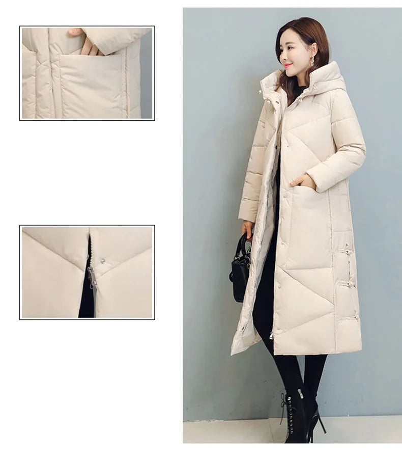 Elegant long snow outerwear for women, featuring exquisite details and a flattering slim fit, available in sizes M-4XL.