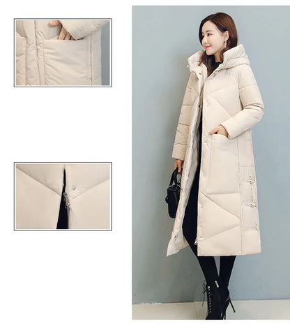 Elegant long snow outerwear for women, featuring exquisite details and a flattering slim fit, available in sizes M-4XL.
