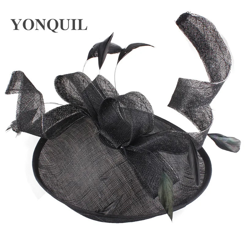 Close-up of exquisite sinamay fascinator hat featuring delicate floral accents, ideal for elegant occasions.