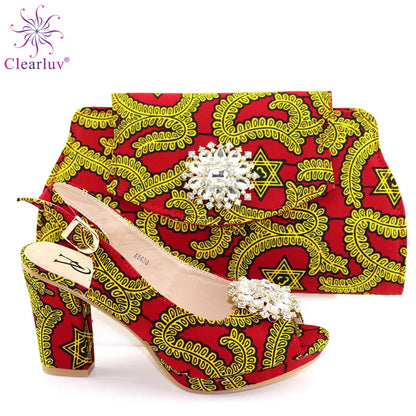 Complete view of the luxurious African matching shoes and bag set in radiant red, showcasing the elegance and craftsmanship for modern women.