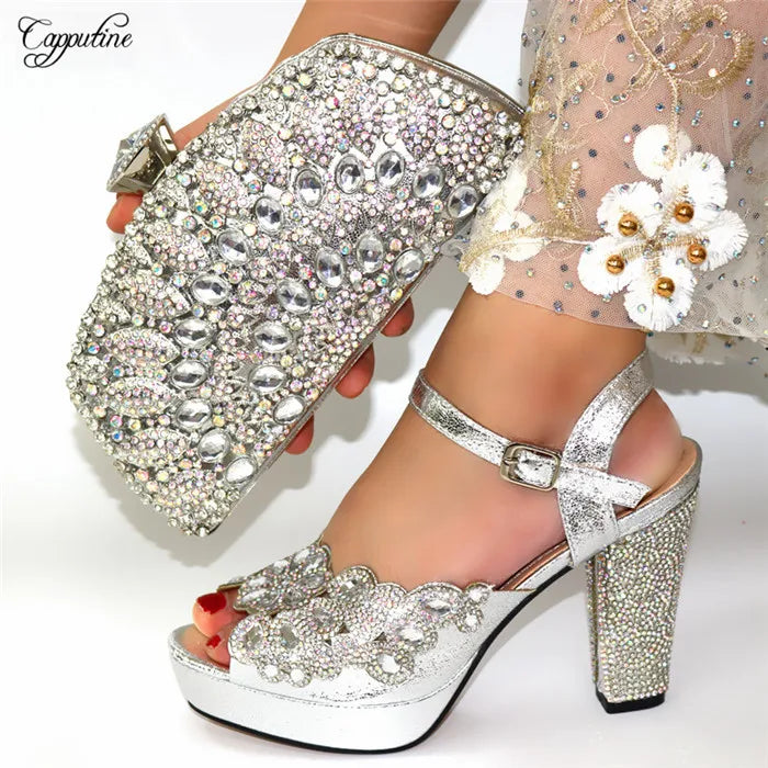 Sophisticated gold clutch bag designed to complement luxury high heel sandals, ideal for special occasions and evening events.