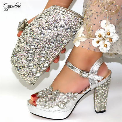 Sophisticated gold clutch bag designed to complement luxury high heel sandals, ideal for special occasions and evening events.