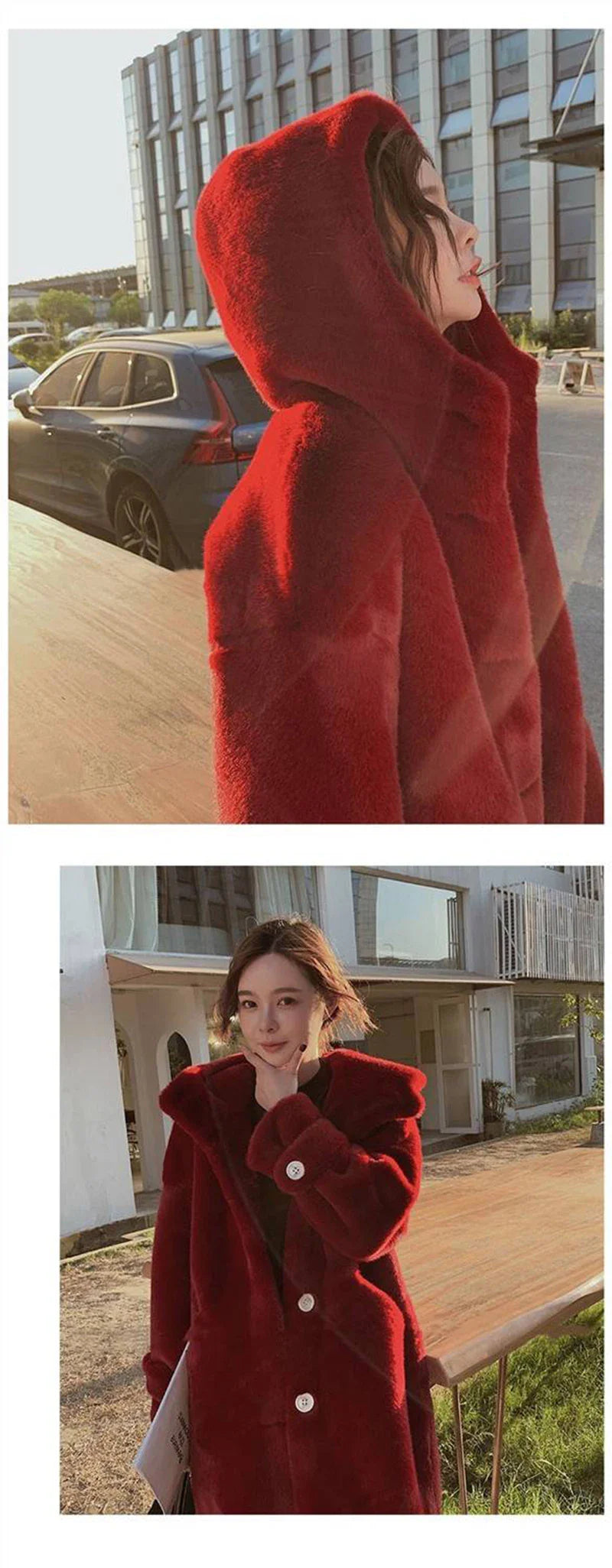 Elegant seasonal outerwear for women, highlighting the luxurious faux fur material and casual chic style.