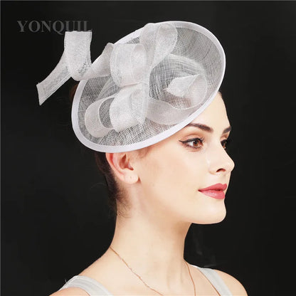 Elegant Women's Sinamay Chuch Hat in beige, perfect for bridal occasions and formal events. Stylish fascinator with a headband for weddings.