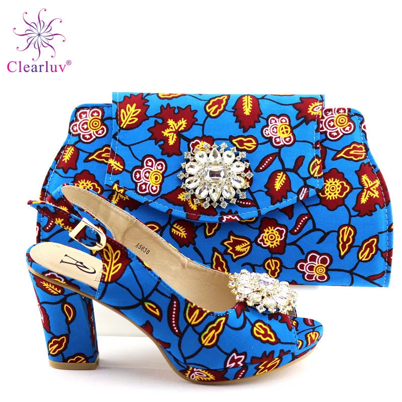 Luxurious slip-on peep toe sandals with crystal embellishments, part of an elegant red African matching shoes and bags set for women.