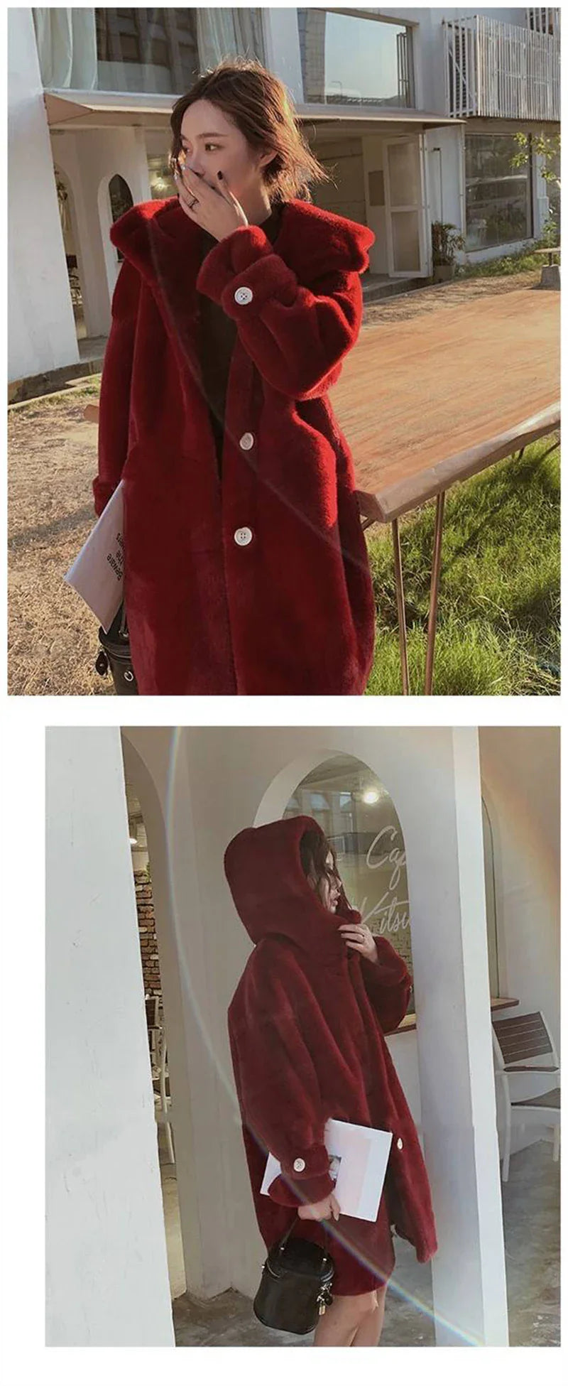 Stylish women's winter coat with pockets, featuring a classic covered button closure and fashionable fur trim.