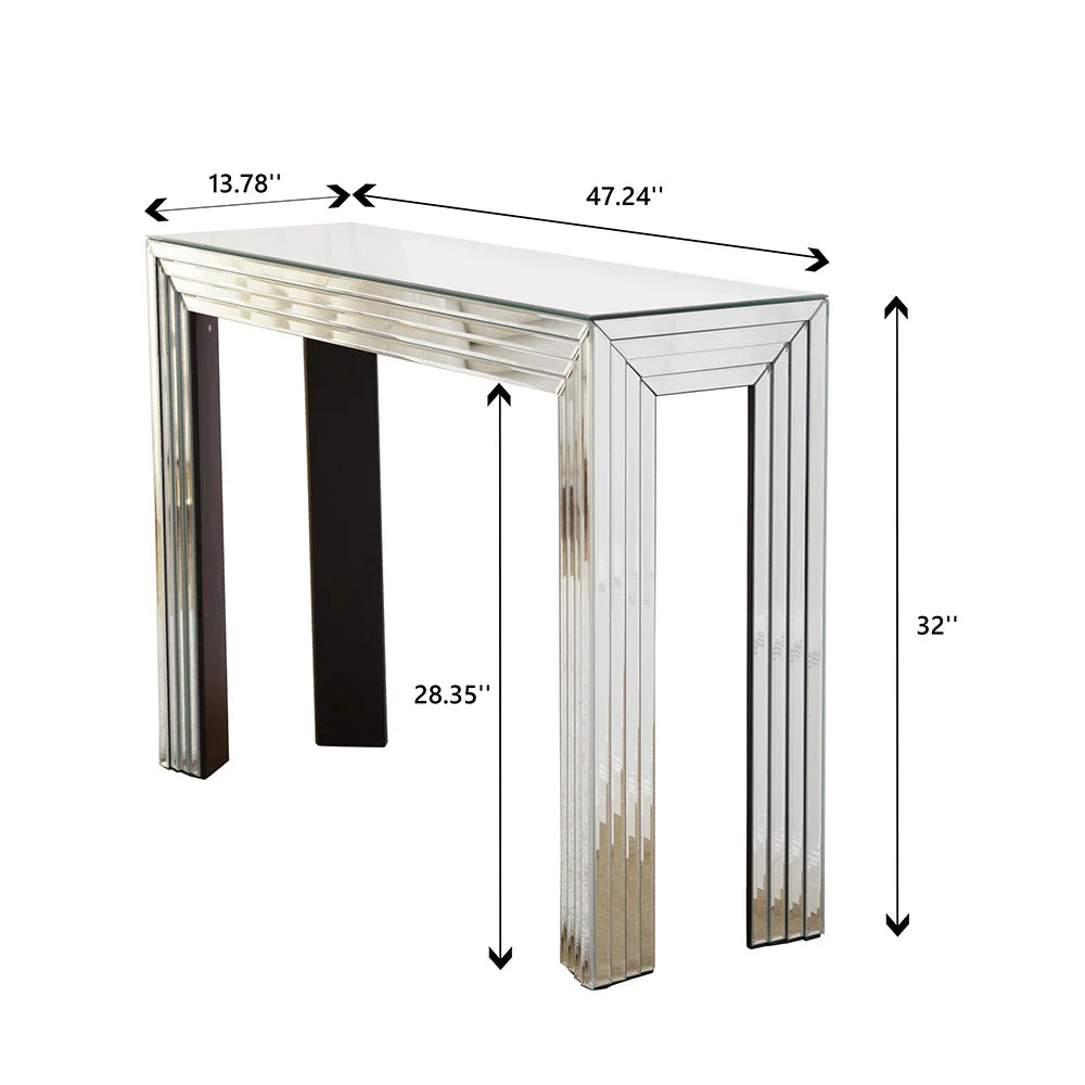 Contemporary glass-top console table with a brilliant mirrored finish, adding glamour to any entryway or living area.