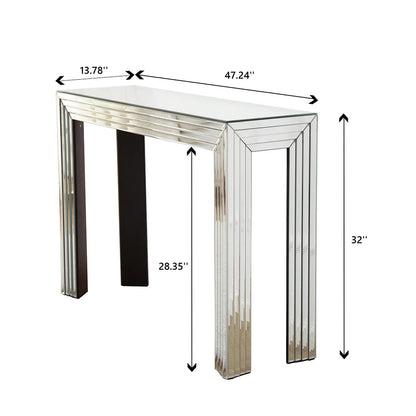 Contemporary glass-top console table with a brilliant mirrored finish, adding glamour to any entryway or living area.