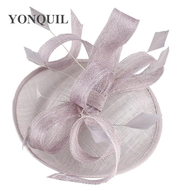 Graceful sinamay fascinator hat in light beige, designed for women attending weddings and luxurious parties.