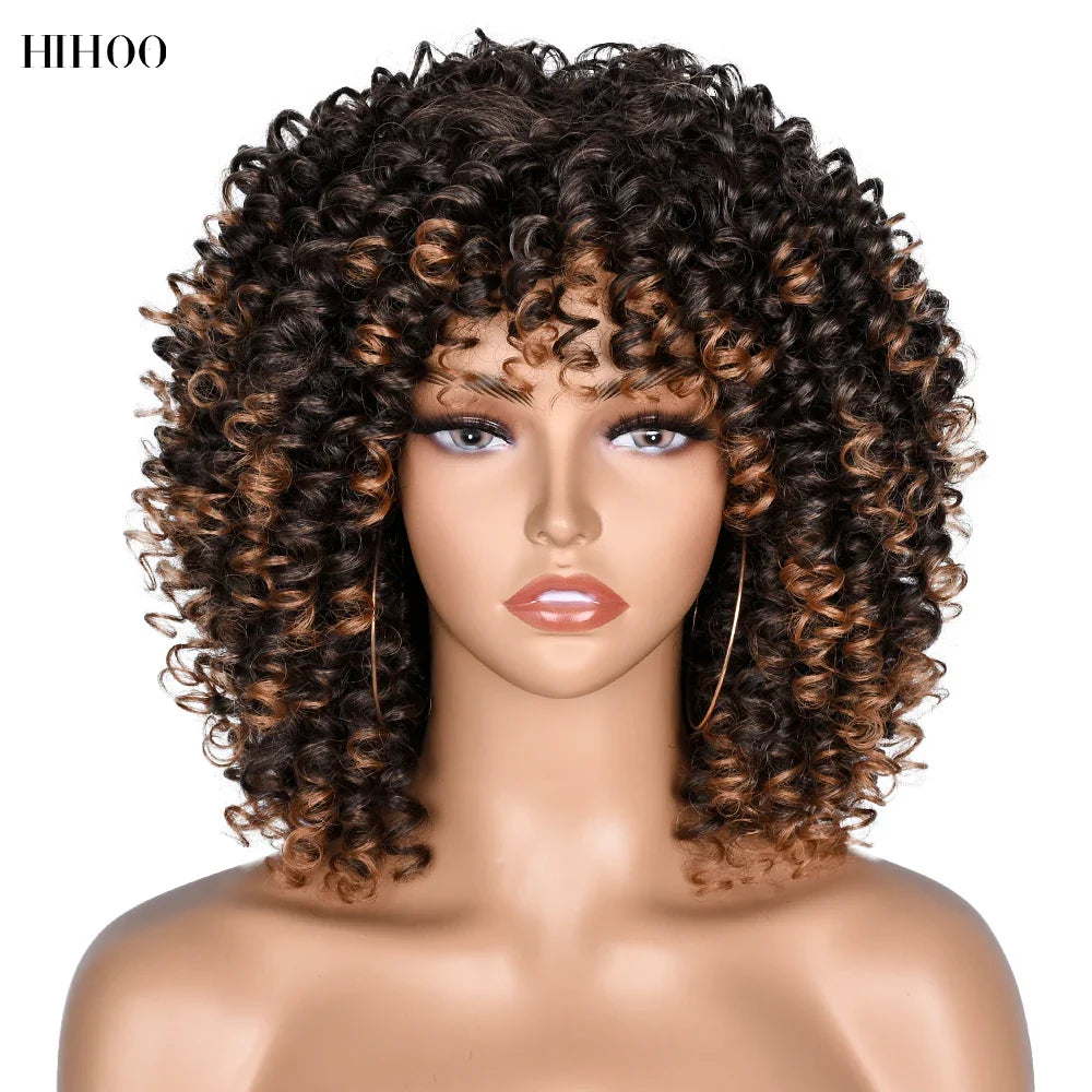 Side view of the short curly afro wig with bangs, highlighting the average cap size and 180% density for a full and vibrant look.