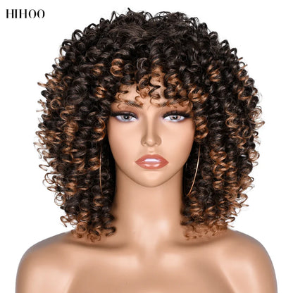 Side view of the short curly afro wig with bangs, highlighting the average cap size and 180% density for a full and vibrant look.