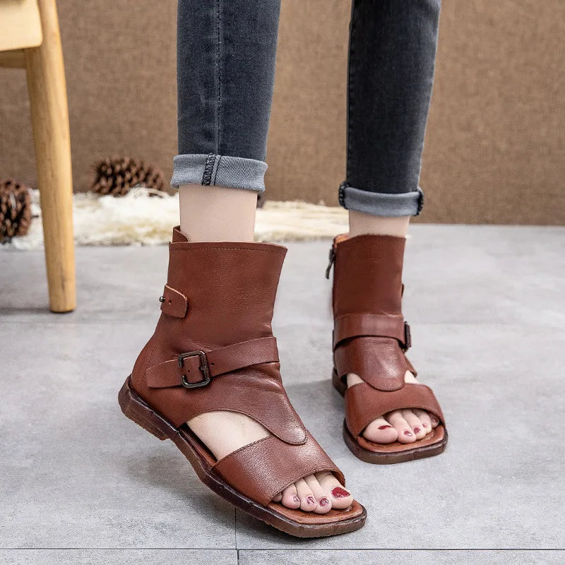Luxury handmade vintage leather open-toe flat sandals with side zipper for women, showcasing a stylish gladiator design.