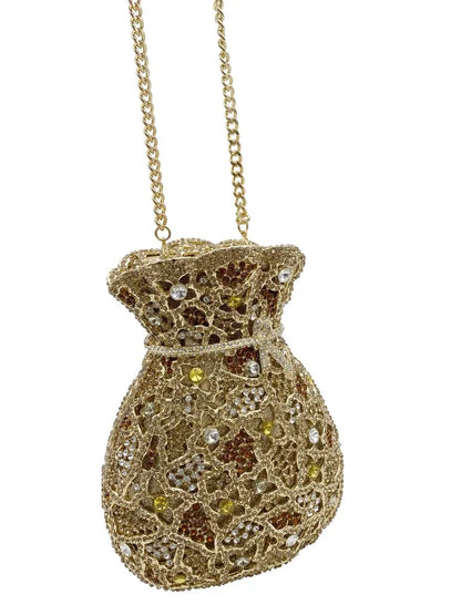 Opulent crystal detailing on a women's clutch evening bag, ideal accessory for formal events and parties.