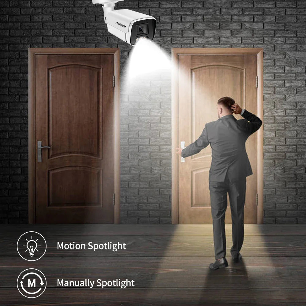 Artistic angle of the 8MP 4K bullet IP camera, emphasizing its robust metal construction and waterproof capabilities, perfect for upscale residential surveillance.