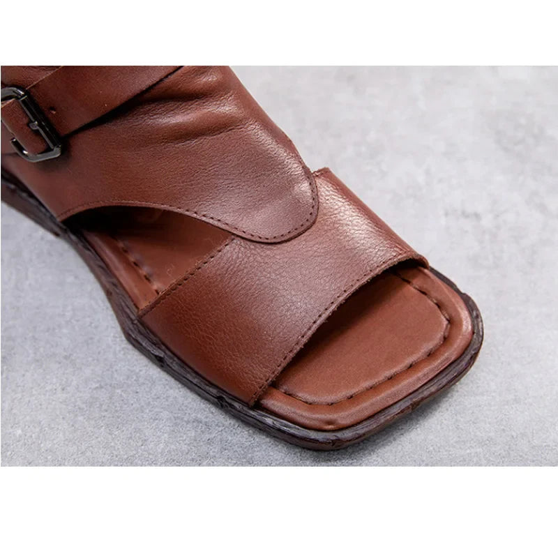 Handmade vintage leather open-toe sandals for women, featuring a stylish gladiator design and side zipper, perfect for a casual yet luxurious look.