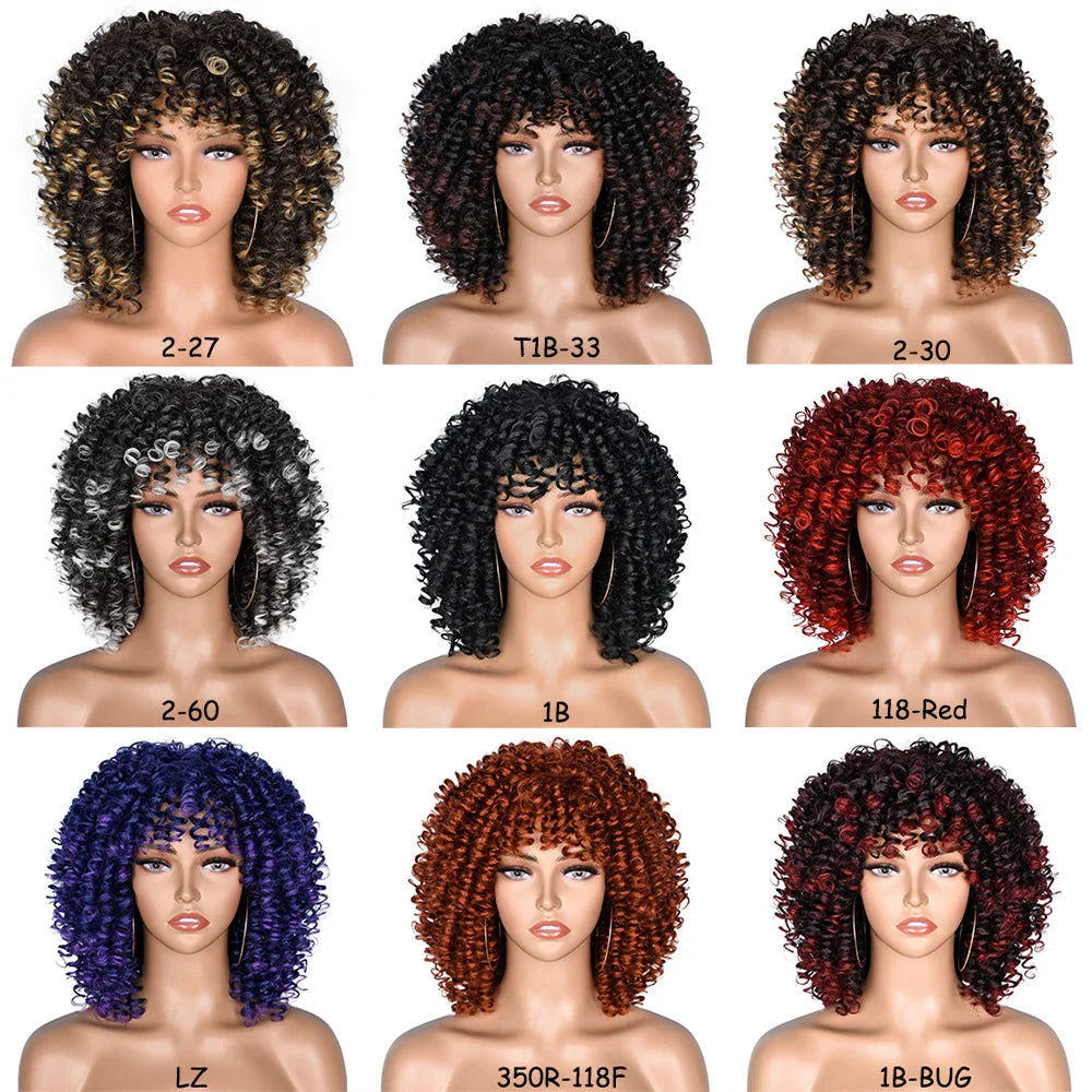 Luxury short curly afro wig with bangs for black women, made from high temperature synthetic hair, showcasing stunning kinky curls, designed for daily use.