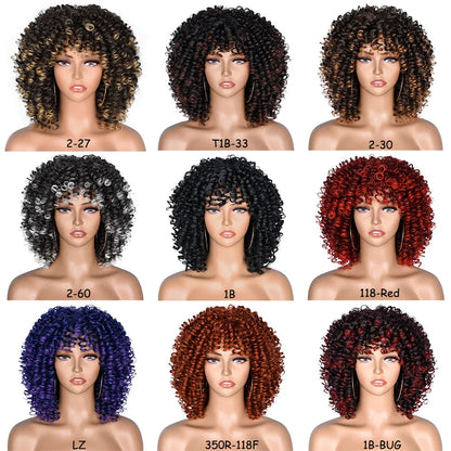 Luxury short curly afro wig with bangs for black women, made from high temperature synthetic hair, showcasing stunning kinky curls, designed for daily use.