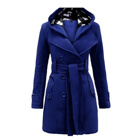 Luxurious hooded woolen jacket for women, featuring a double-breasted design, elegant sashes, and exquisite patch details, perfect for winter warmth and style.