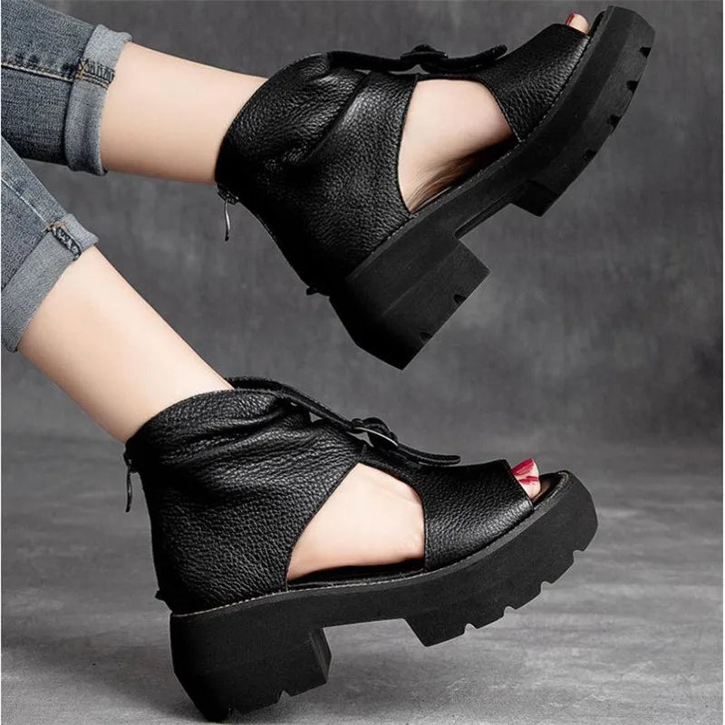 Vintage-inspired women's sandals with a square heel and platform, designed for the modern woman seeking stylish comfort in casual footwear.