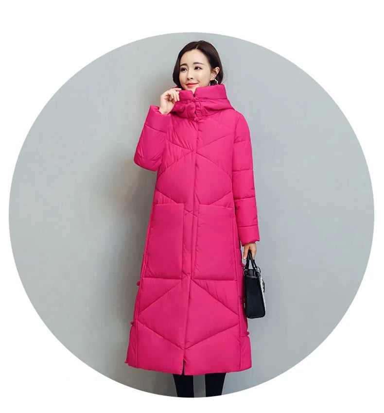 Luxury women's thick cotton padded hooded jacket in elegant design, perfect for winter outdoor activities.