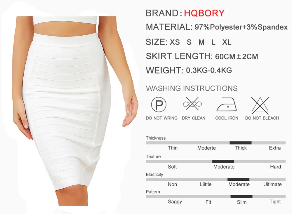 Close-up of luxurious polyester and spandex fabric of HQBORY Women’s Bandage Pencil Skirt, highlighting its medium stretch and elegant silhouette.