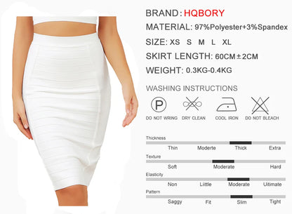 Close-up of luxurious polyester and spandex fabric of HQBORY Women’s Bandage Pencil Skirt, highlighting its medium stretch and elegant silhouette.