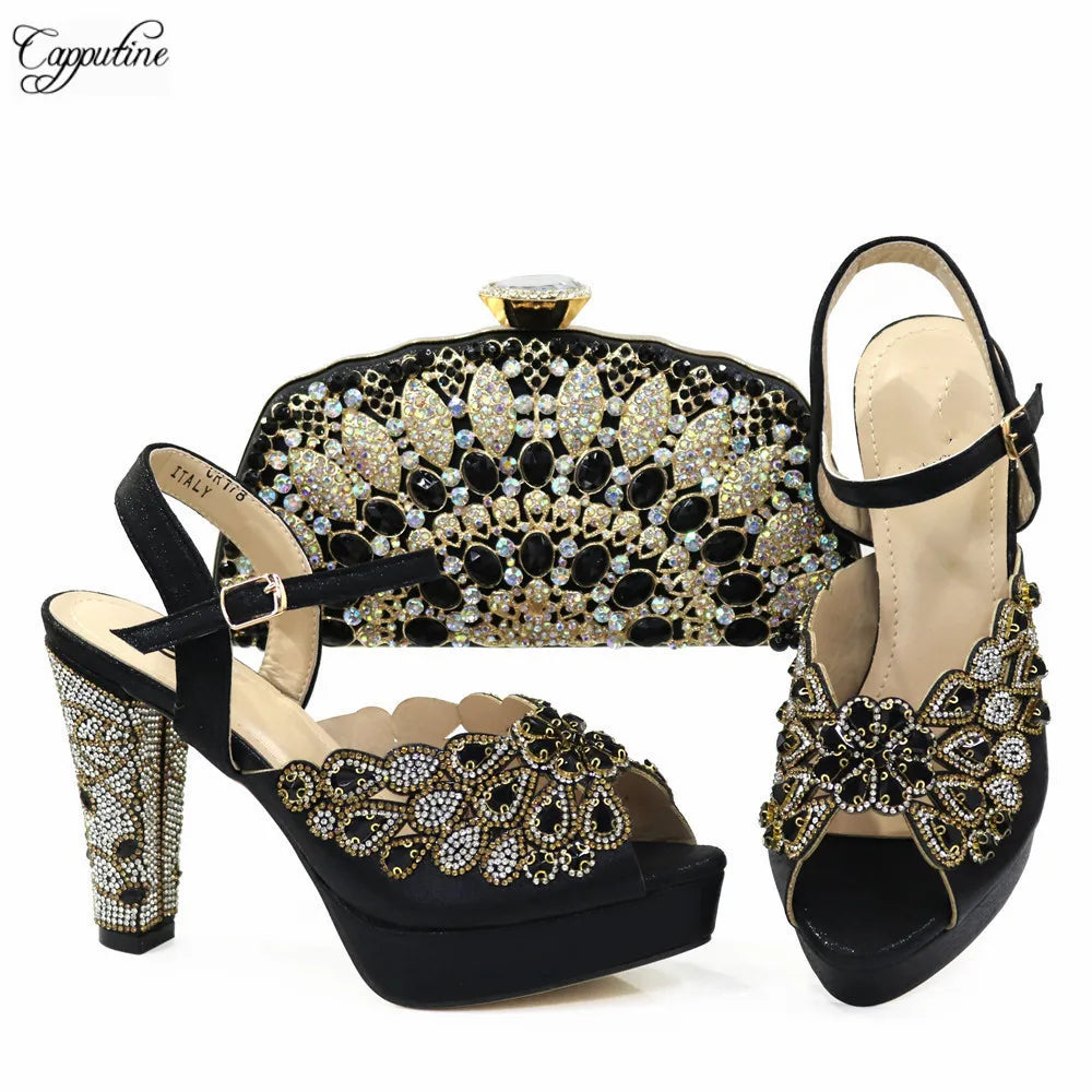 Stylish ensemble of gold high heel pumps paired with an exquisite clutch, illustrating elegant fashion choices for women.