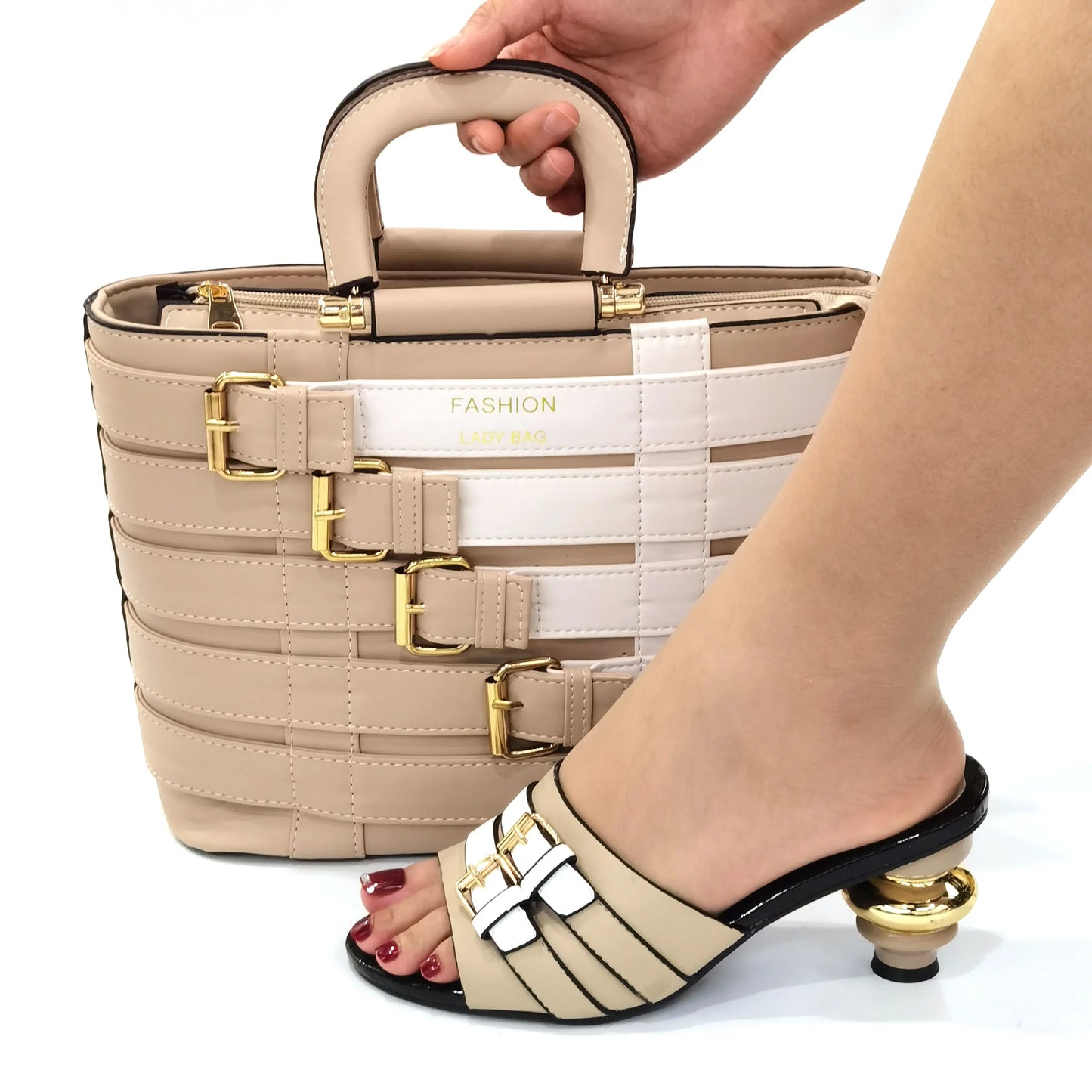 Fashionable high heel women's shoes paired with a matching bag, ideal for adult women attending formal events.