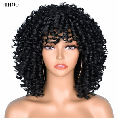 Close-up of a luxurious short curly afro wig with bangs, featuring rich texture and volume, perfect for black women's everyday elegance.