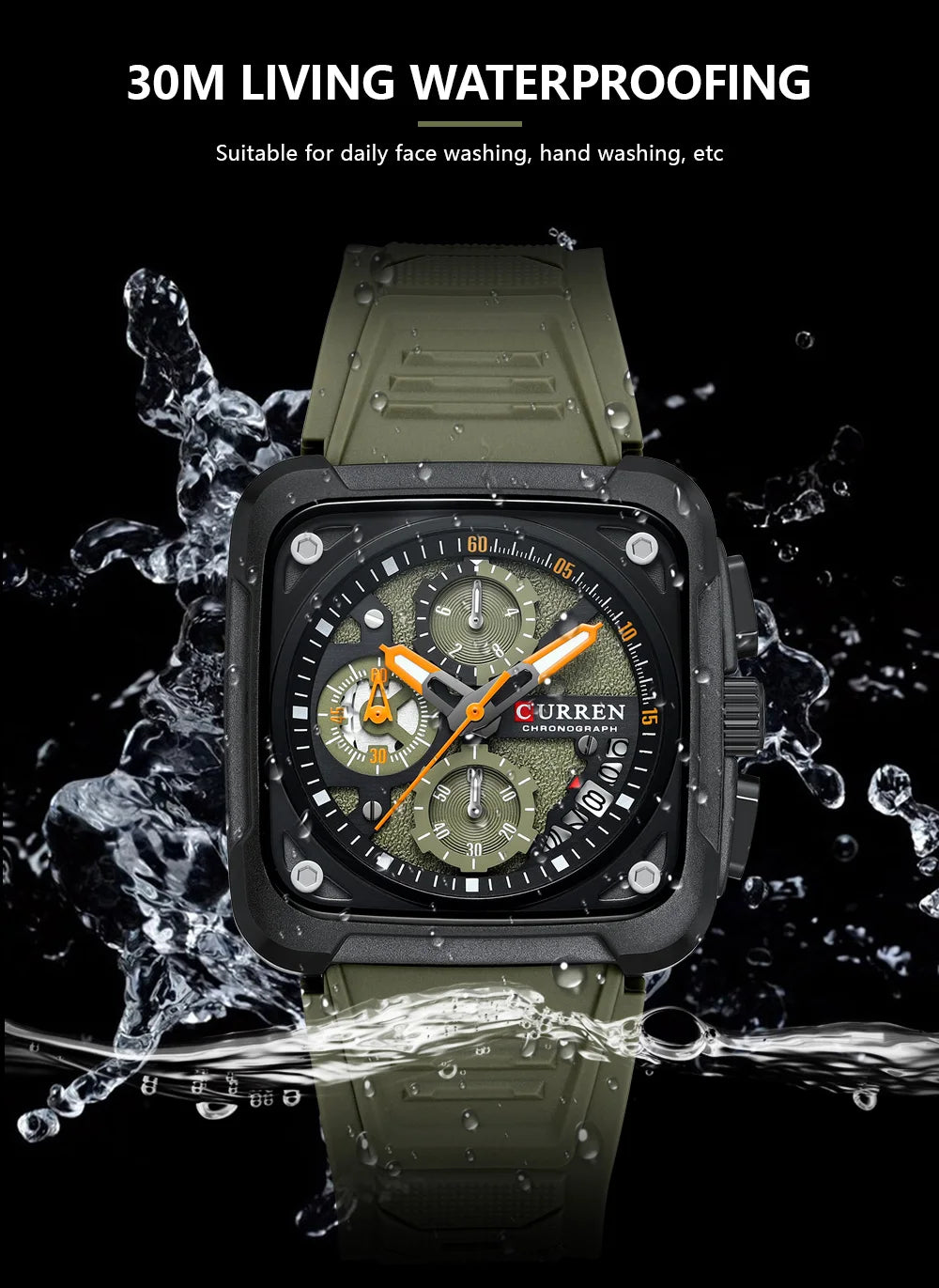 Close-up view of Men's Luxury Silicone Sport Chronograph Watch showcasing sleek design with 3 years battery life and luminous hands.