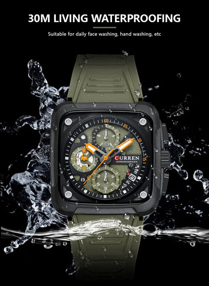 Close-up view of Men's Luxury Silicone Sport Chronograph Watch showcasing sleek design with 3 years battery life and luminous hands.