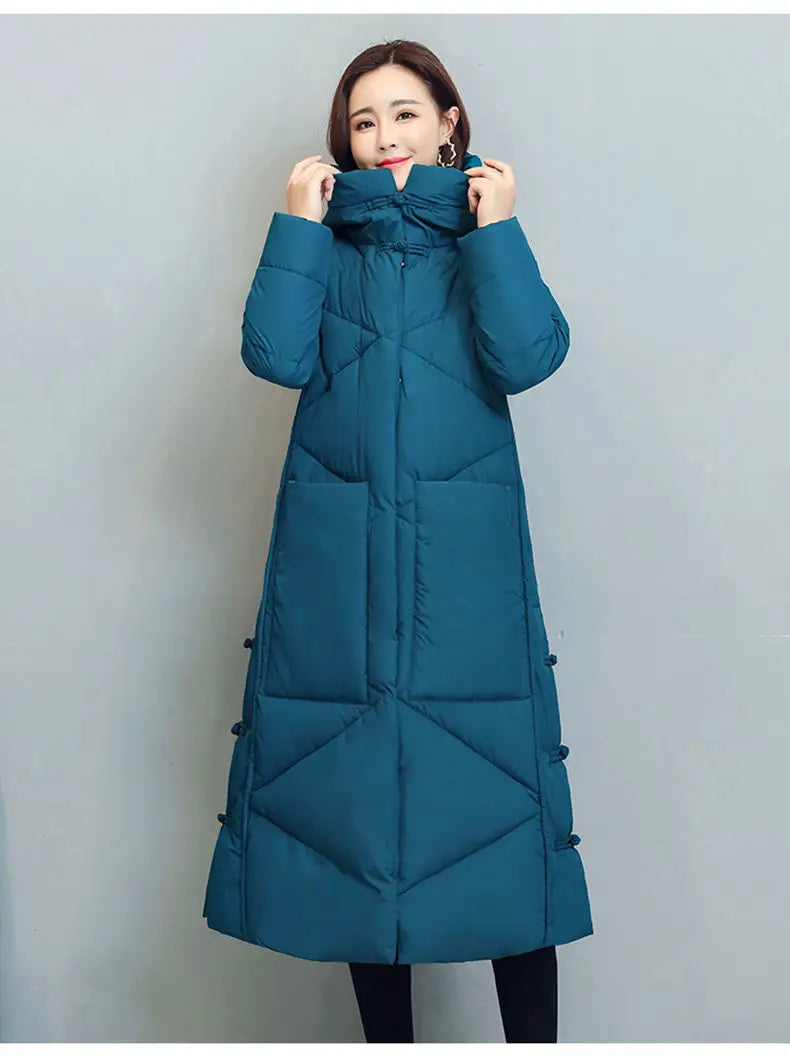 Elegant women's thick cotton padded hooded jacket, showcasing windproof design for winter snow, sizes M-4XL.