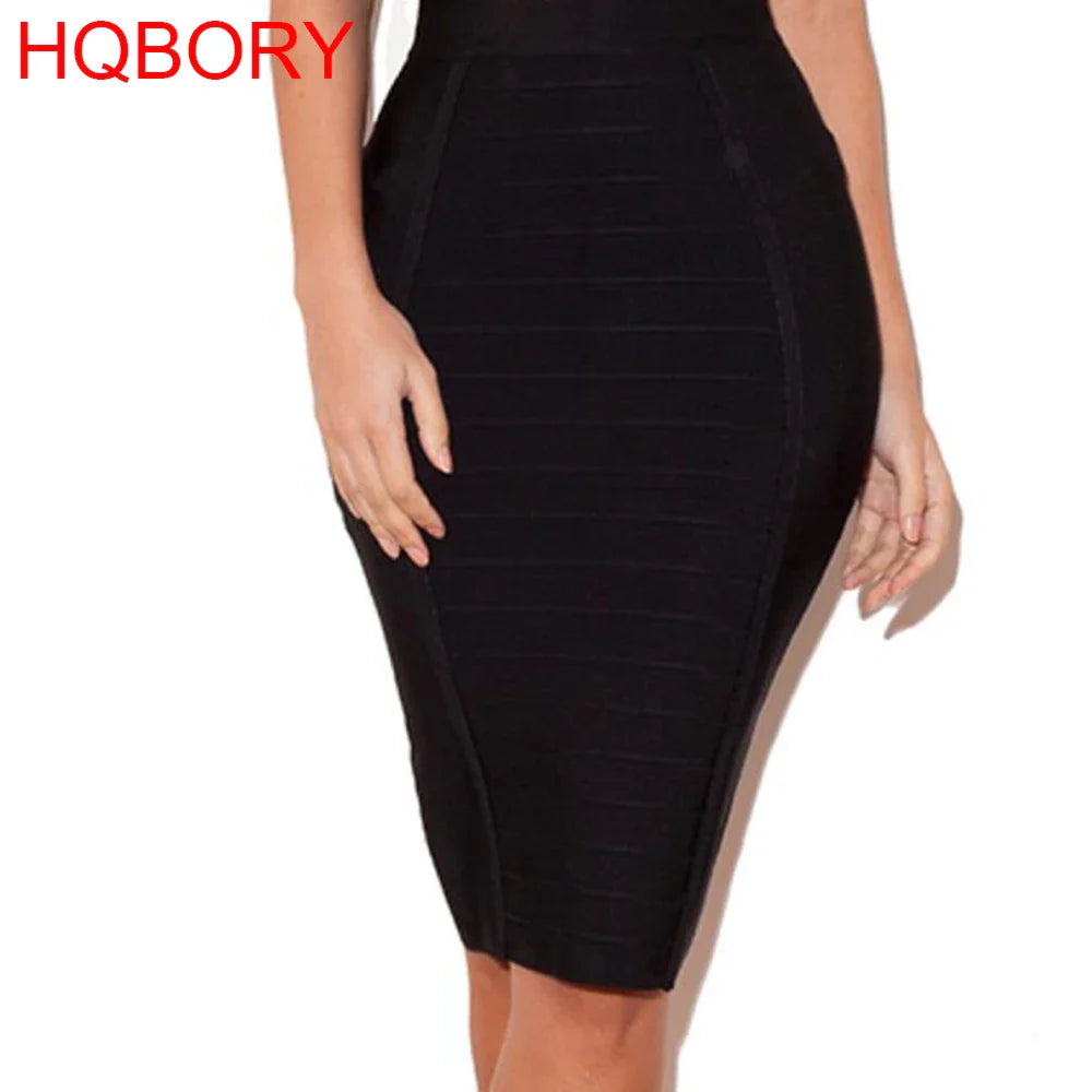 Elegant HQBORY nude bandage pencil skirt showcasing a flattering empire waistline, ideal for sophisticated office ladies seeking a refined look.