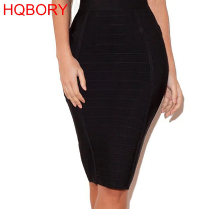 Elegant HQBORY nude bandage pencil skirt showcasing a flattering empire waistline, ideal for sophisticated office ladies seeking a refined look.