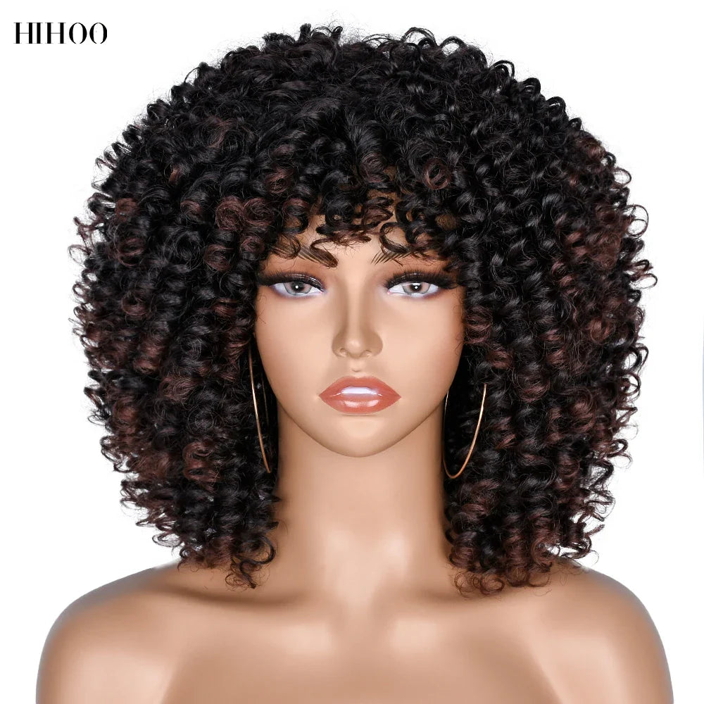 Fashionable short curly afro wig with bangs displayed on a mannequin, demonstrating the chic and stylish appearance for women seeking modern hair solutions.