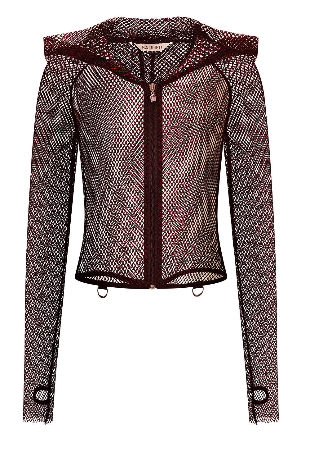 Banned Apparel Liora Red Metallic Fishnet Hoodie showcasing gothic elegance with a striking skull zip, crafted from luxurious red metallic-effect fishnet, featuring a functional hood and thumbhole sleeves for a bold statement.