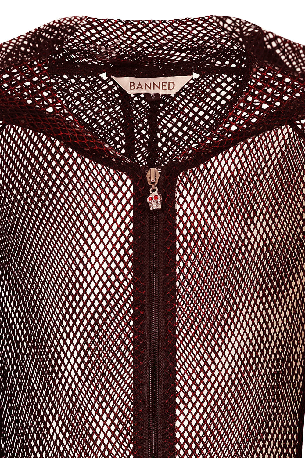 Banned Apparel Liora Red Metallic Fishnet Hoodie elegantly displayed featuring a skull-shaped zipper pull, showcasing its gothic style and luxurious metallic finish.