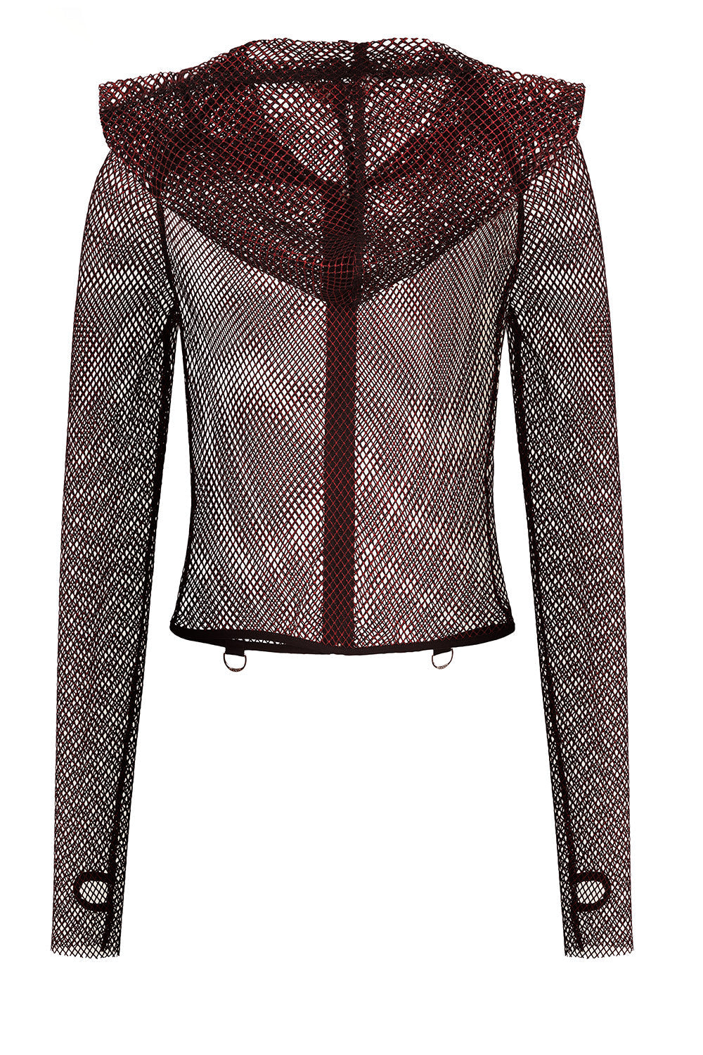 Close-up view of the thumbhole sleeve design on the Banned Apparel Liora Red Metallic Fishnet Hoodie, highlighting the intricate details and premium quality fabric.