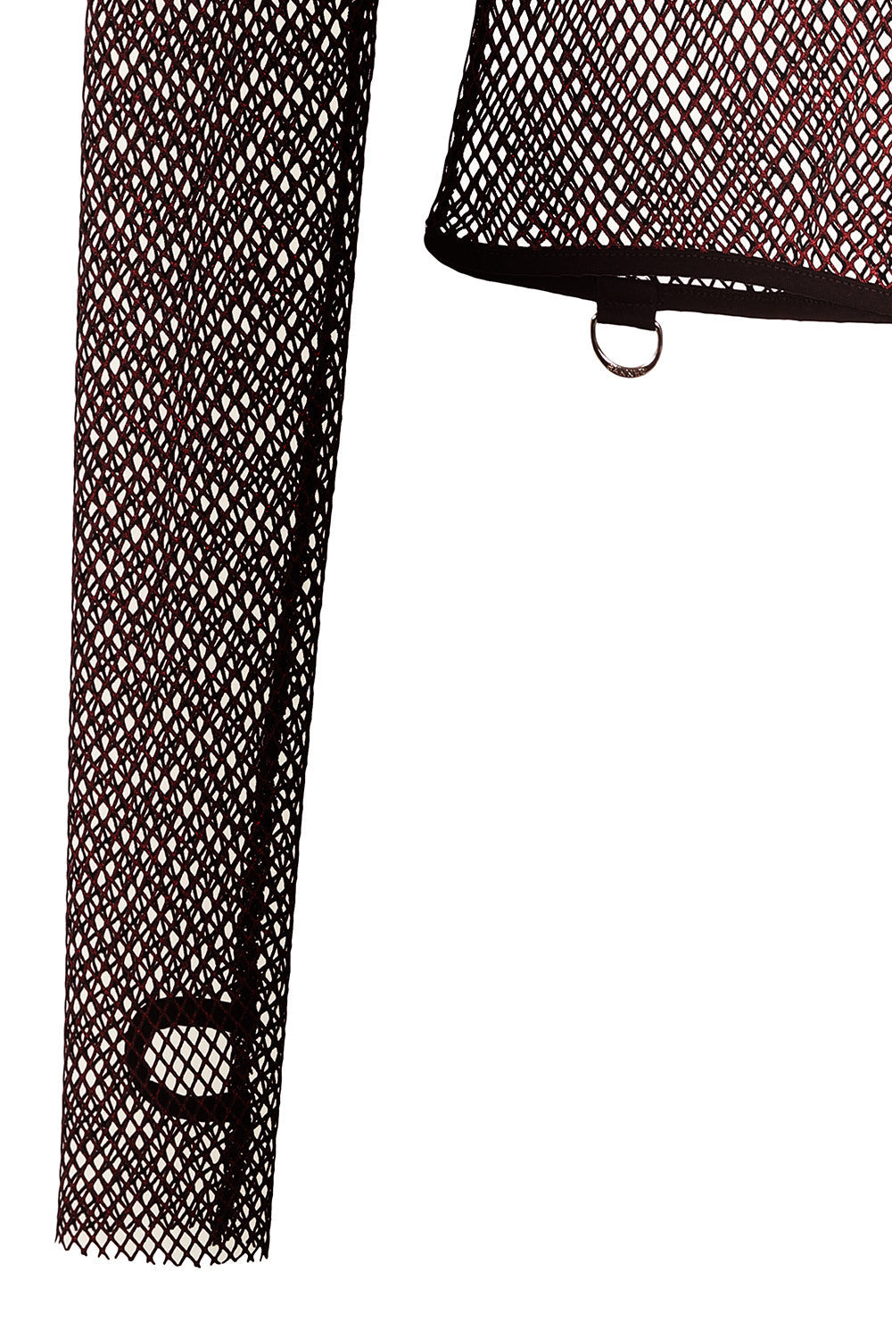 The Banned Apparel Liora Red Metallic Fishnet Hoodie, with its striking red metallic fishnet material, modelled against a dark backdrop, embodying bold gothic fashion.