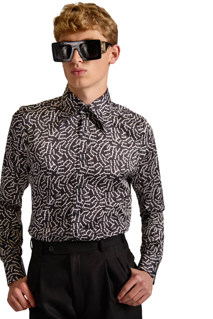 Sophisticated long sleeve tailored shirt made in Italy, showcasing an exclusive monogram design and curved hemline for a refined look.