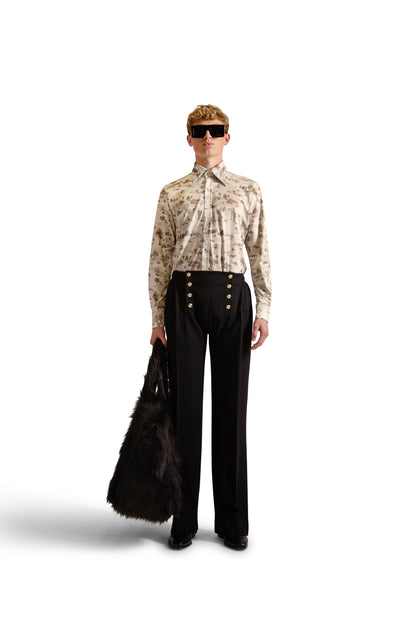 Elegant Helen Anthony exclusive monogram print tailored fit shirt in sophisticated knitted fabric, featuring a classic button front closure and long sleeves.