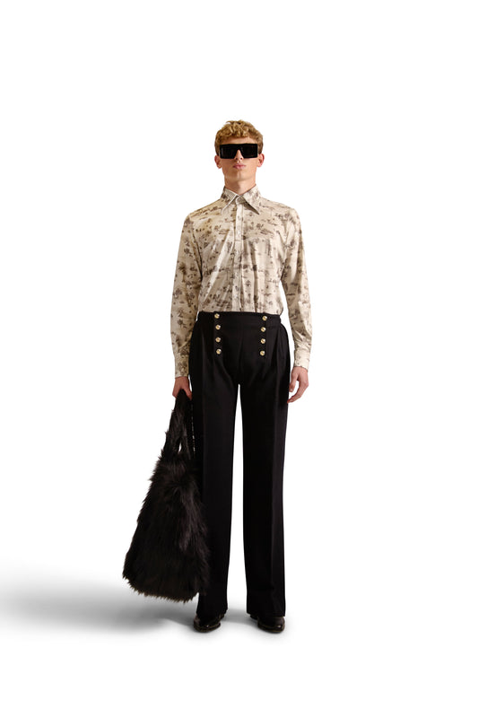 Elegant Helen Anthony exclusive monogram print tailored fit shirt in sophisticated knitted fabric, featuring a classic button front closure and long sleeves.