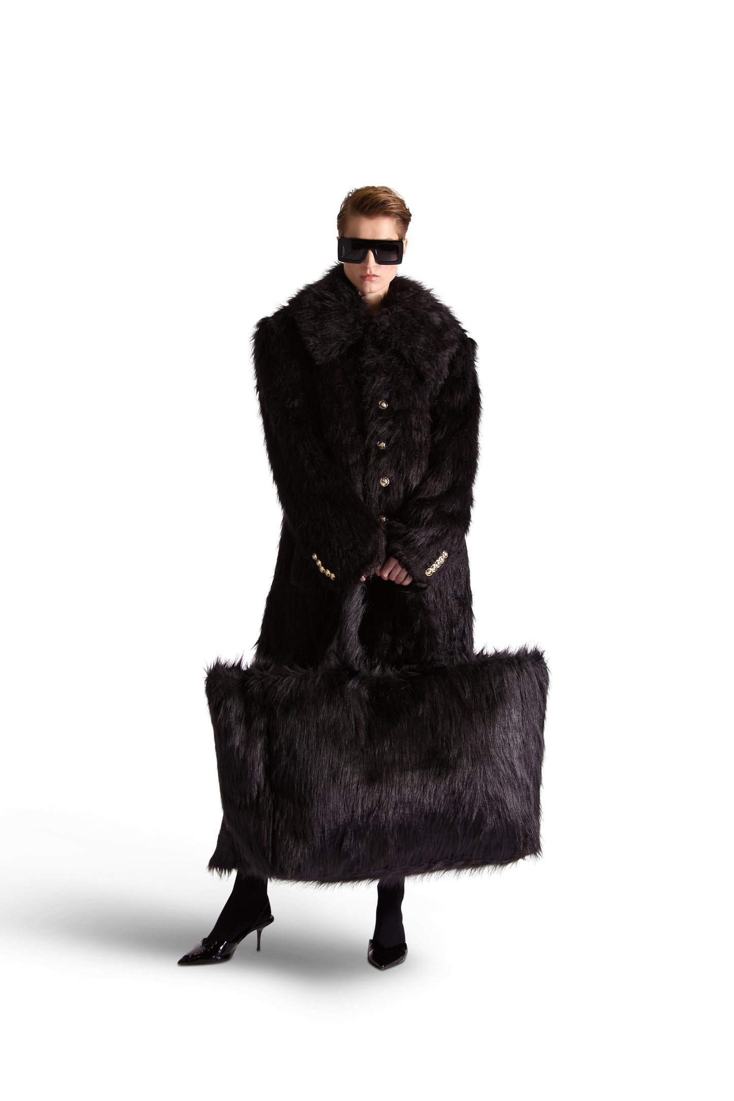 Luxurious oversized faux fur shoulder bag with multiple pockets, elegant design crafted in Italy, 24" x 16" x 10.5" dimensions, featuring inside zips and button close pouch.