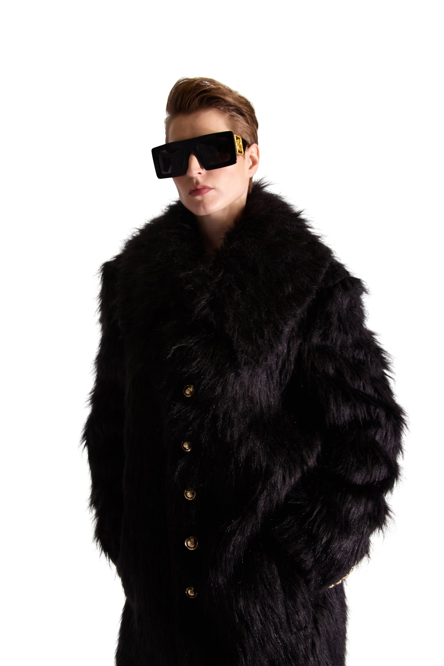 The oversized luxury faux fur shoulder bag displayed elegantly, demonstrating its generous dimensions and exquisite craftsmanship.